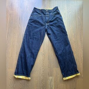 Marithé + François Girbaud Dark Wash Jeans Wide Leg Yellow Paisley Cuff Vintage